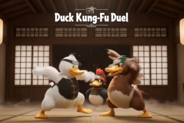 Epic Duck Kung-Fu Duel in Cinematic Dojo